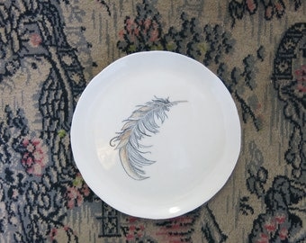Ceramic Art Plate Woodland Bird Feather Hand Drawn One of a Kind Gift Idea Home Decor, Handmade Artisan Pottery by Licia Lucas Pfadt