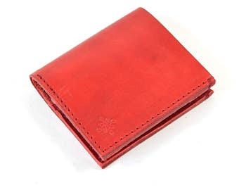 Vegetable Tanned Red Leather Bi Fold Card Bill Wallet Handmade