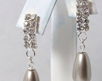 Pearl Rhinestone Earring, Swarovski Crystal Pearl Earring, Swarovski, Platinum Pearl, Bride, Wedding, Bridesmaid, Silver, Dangle, Rhinestone