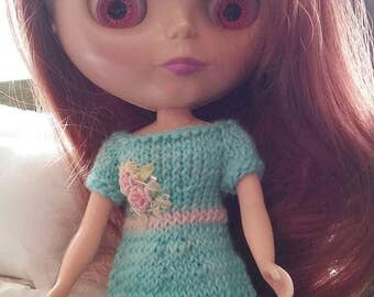 Blythe Dress & Headband Aqua Hand Knit and Embroidered