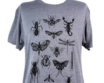 Screen Printed Insects & Bugs Shirt - Men's American Apparel Heather Grey Tri-Blend Graphic Tee