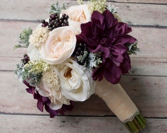 Rustic Bouquet, Wedding Bouquet, Silk Bouquet, Blush Ivory and Plum Garden Rose and Dahlia Wedding Bouquet