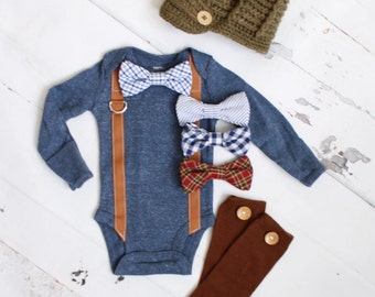 Newborn Baby Boy Coming Home Outfit Set up to 3 Items. Suspender Bow Tie Bodysuit, Leg Warmers & Knit Newsboy Hat. Easter Valentines Slate