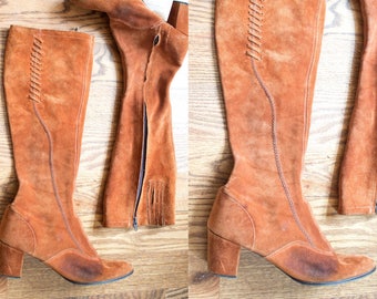 vintage 1960s suede knee high boots / 60s 70s rust brown suede heeled go go boots / 8.5