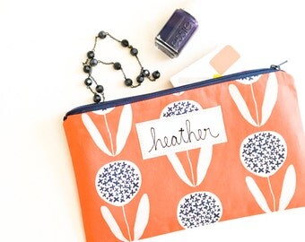 Gift for Her, Personalized Zipper Pouch, Bees and Dandelions, Gift for Gardener, Small Gift for Friend, Zipper Bag, Coral, Blue, Green