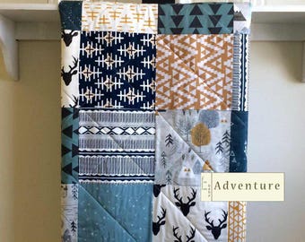 Baby Quilt Boy, Boy Blanket, Rustic Boy Quilt, Deer, Minky Baby Quilt, Navy Crib Bedding, Baby Quilt Handmade, Gray, Mustard - Adventure