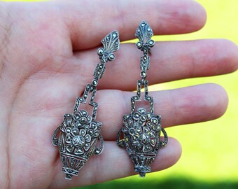 Vintage Art Deco Earrings German Sterling Silver and Marcasite Earrings Chandelier Style