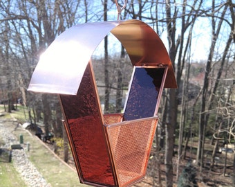 Bird approved! Copper and stained glass bird feeder wine grape glass no rust modern garden art