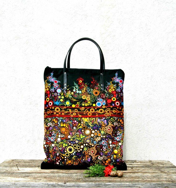 Fabric Tote Handbag large zipper canvas tote Colorful vegan