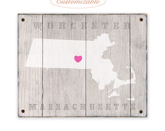 MASSACHUSETTS Rustic print sign - Customized for your town or city in Massachusetts - Rustic weathered wood sign