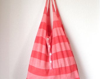 Reusable Produce Bag Compact Fold Up Stretch Grocery Shopping Farmers Market Tote ECO Friendly Orange Stripe Recycled T-Shirt Bag w/ Pocket