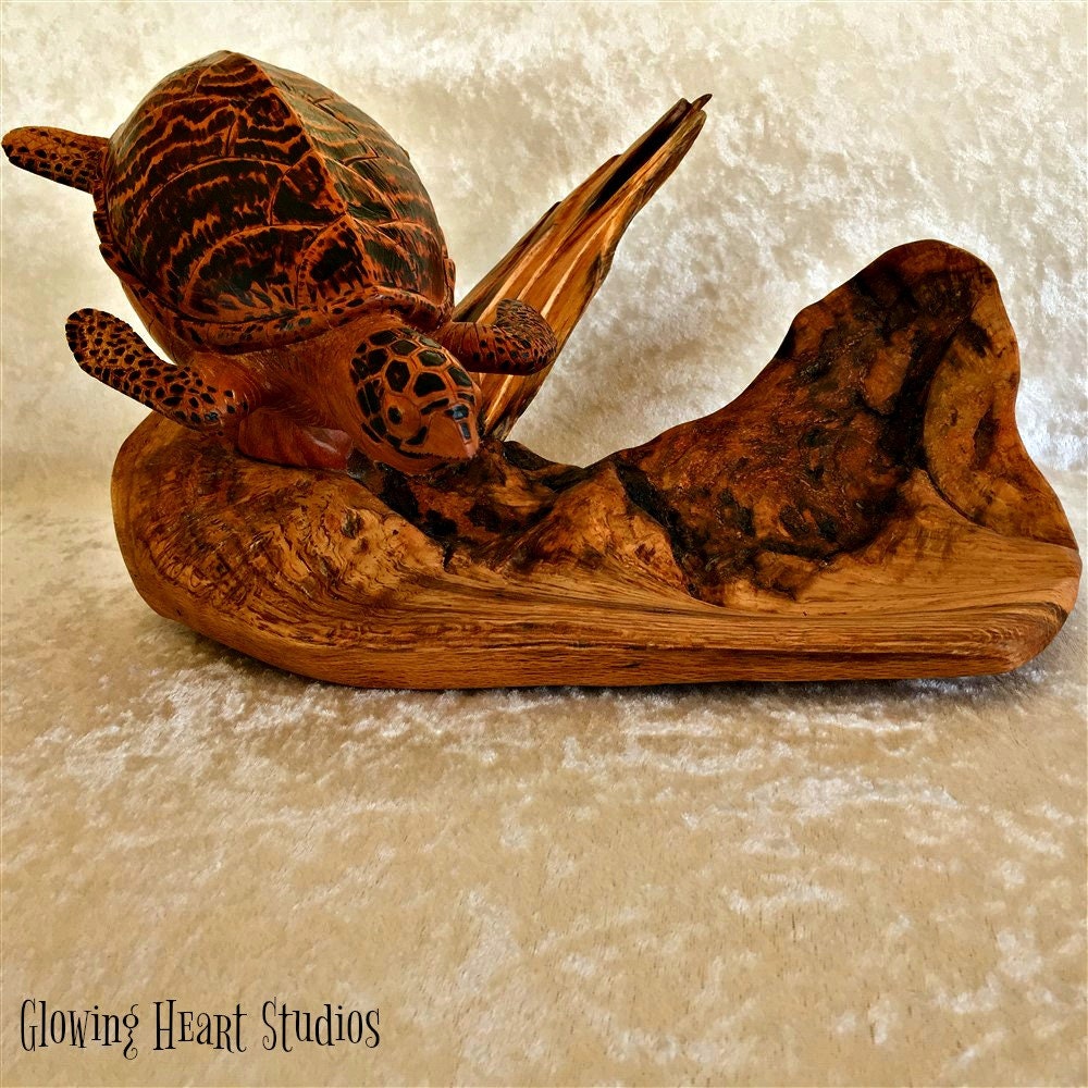 Sea Turtle hand carved wood wildlife art by GlowingHeartStudios