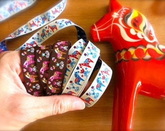 Swedish Dala Horse Embroidered Ribbon-1 Foot-White, Blue, Red-Orange Trim-Sweden-Dalahasten-Scandinavian Woven Ribbon-Folk Horse Summer Trim