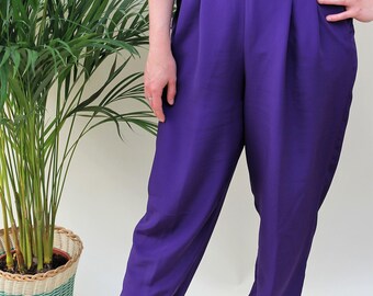 1980s Purple Silky High Waisted Tapered Trousers Size UK 12, US 8, EU 40