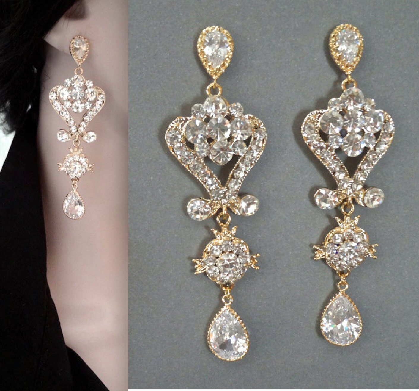 Long gold chandelier earrings Crystal by QueenMeJewelryLLC