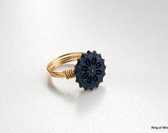 Navy Blue Button Ring, Wire Wrapped Ring, Gold Wire Ring, Blue Flower Ring, Brass Button Ring, Blue Ring, Metal Button Ring, Starburst Ring