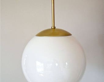 Mid Century Modern hanging White Globe Light retro Glass and Brass Mod Pendant light