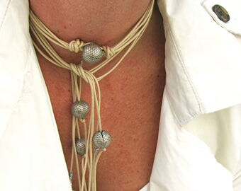 Boho Necklace Long, Spring Necklace, White Vegan Leather Wrap Necklace, Western Jewelry For Women, Ladies Gift