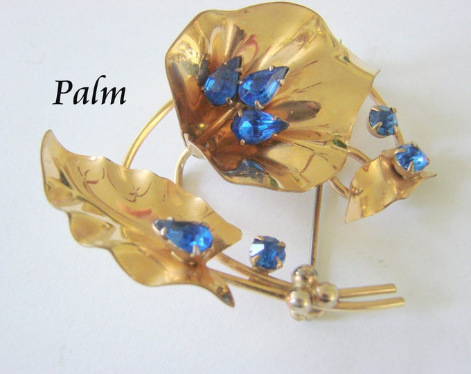 1940s Floral Designer Signed "Palm" Sapphire Rhinestone Gold Filled Brooch / Retro / Vintage Jewelry / Jewellery