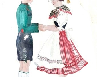 Kunstgewerbe German Folk Art Watercolor Children Costumes Signed Heincking Vintage Painting