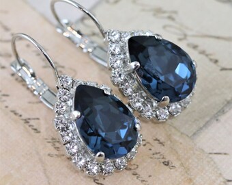 Navy Blue Earrings Blue Earrings Crystal Earrings Dangle Silver Earrings Pear Shaped Earrings Navy Bridesmaid Avail As Clip On Swarovski