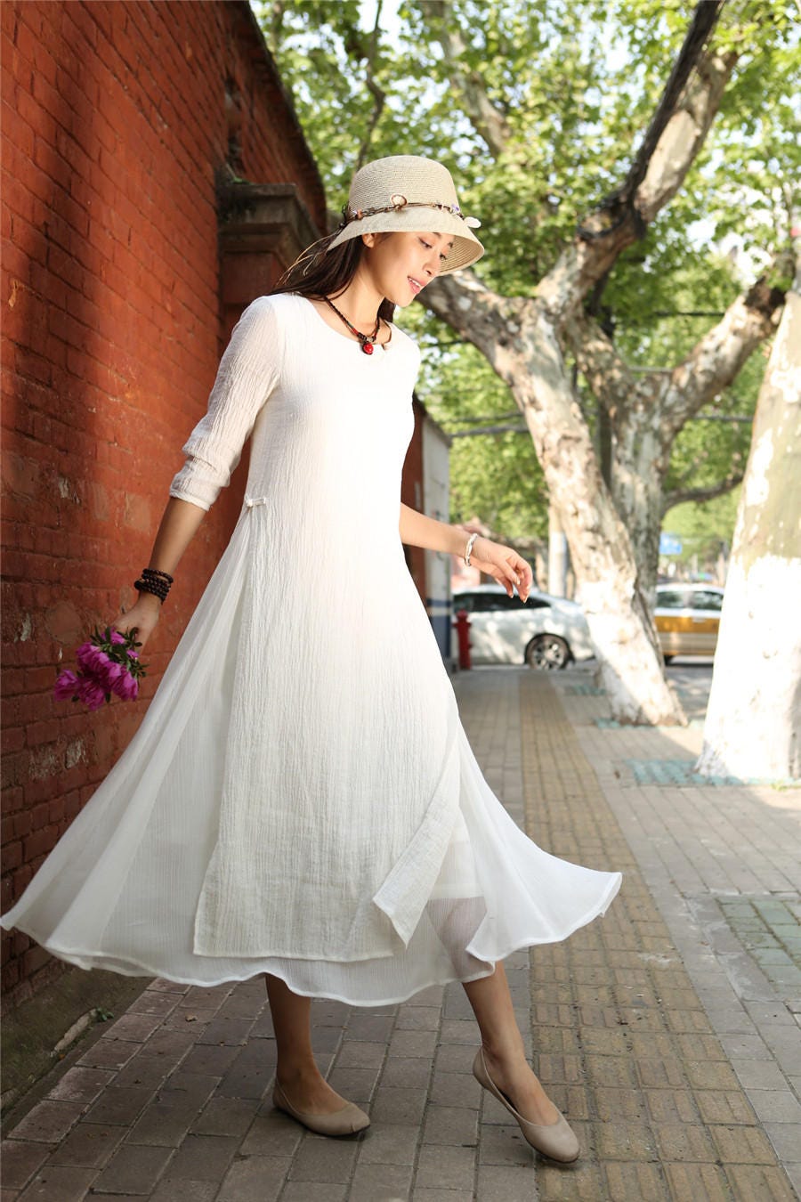 White Layered Cotton Linen Dress Loose-fitting Long Sleeved