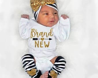 Newborn Girl Coming Home Outfit, Baby Girl Shower Gift, New Baby Gift, Brand New Baby, Leg Warmer Headband Option Black Gold