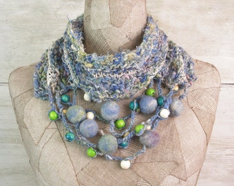 Knit scarf necklace infinity , boho wool loop , Art Hand Knitted wrap , knit blue white Bohemian clothing , Gypsy scarves , felt art rope
