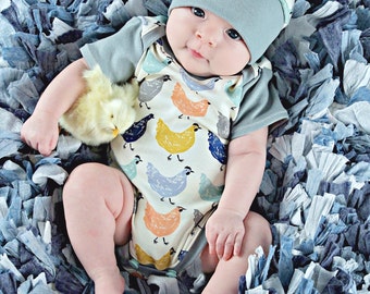 organic chicken outfit, organic clothing, organic baby clothes, handmade baby, onesie, organic baby gift, organic onesie, chickens, baby set
