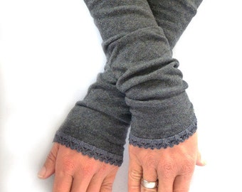 Arm warmers, fingerless gloves in grey lace top in dark grey