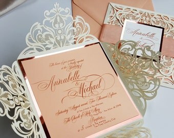 Peach laser cut wedding invitations customized with ribbon and monogram tag - Laser cut wedding invite {Belladonna - Sku: BelBar01}