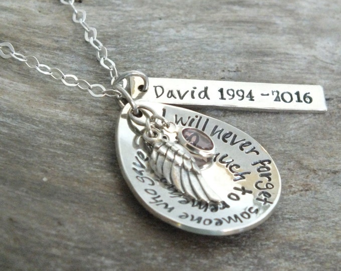 Personalized Sterling Silver Wing Necklace, Memorial Jewelry, Remembrance Jewelry, Birthstone Angel Wing Necklace, Initial Name Sympathy