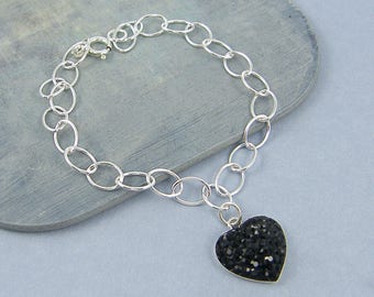 Black Heart Bracelet, Sterling Silver Heart Charm Bracelet, Black Rhinestone Heart Bracelet, Pave Rhinestone Heart Charm Bracelet |BB2-12