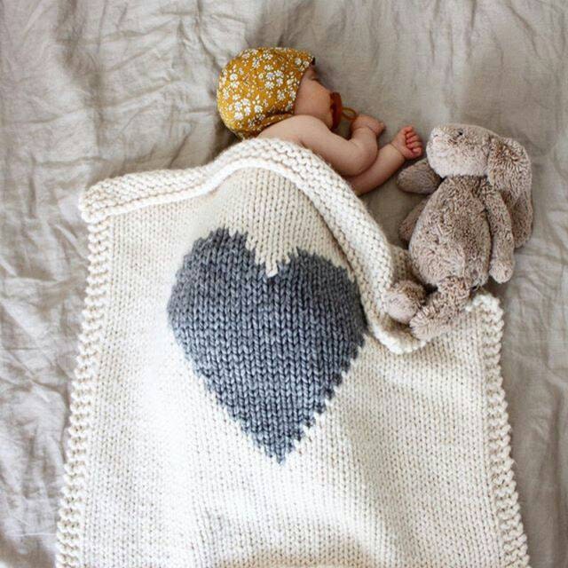 Baby Blanket Heart Cream and Grey Baby Blanket Knitted for