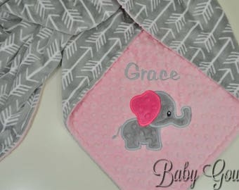 Personalized Minky Baby Blanket - Baby Elephant Blanket - Silver Archer Minky - Blush Pink Minky Dimple Dot - Custom Minky Baby Blanket