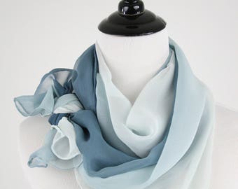1990s Ombre Blue Silk Chiffon Large Oblong Scarf