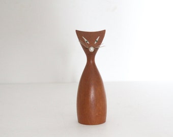 Vintage Mid-Century Modern Wood Cat Figurine / Teak Cat