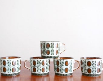 5 Boch La Louvière Belgium coffee cup, Noix, 1960s / brown and green porcelain