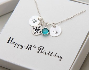 Birthday Necklace, Personalized 18th Birthday Necklace, 18th Birthday Gift, Compass Necklace, Sterling Silver Initial Necklace, 18th Gift