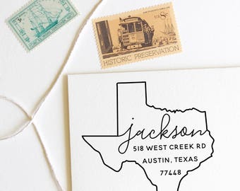 Texas return address stamp, state, self inking stamp or rubber stamp wood handle