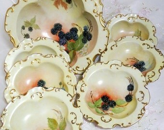 Blackberry Pattern Fruit/Desert Set, Hand Painted Porcelain Bowls, Scalloped Rim, with Gold Scroll Accents, 7 Piece Set