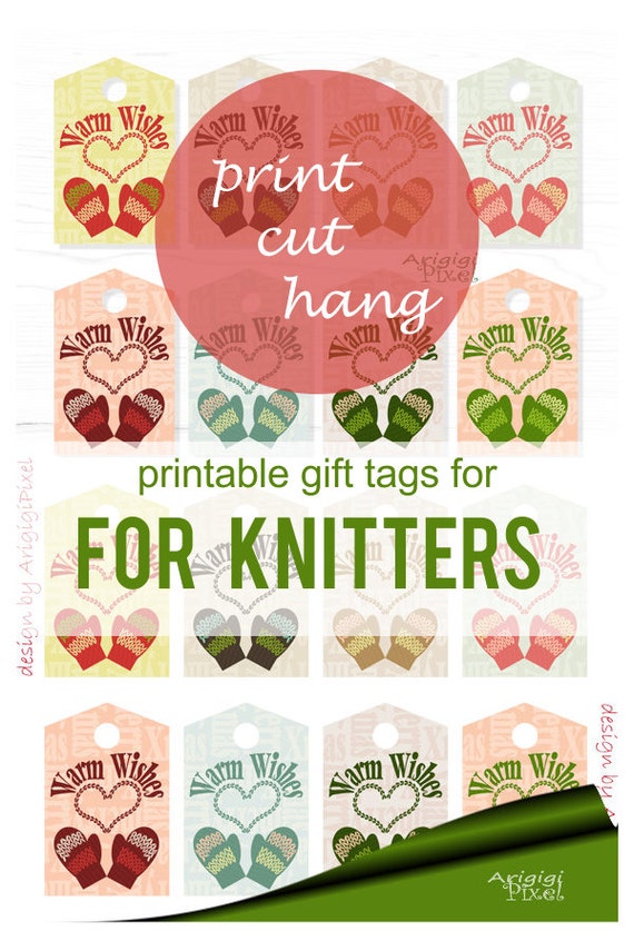 Printable Gift Tags, Warm Wishes text, knitted mittens & hearts, Christmas stocking hang tag, for hand made, gift tag PDF file download Il_570xn
