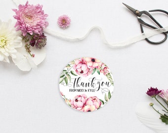 Boho Wedding Favor Stickers - Custom Thank You or Favor Stickers - Floral Peonies Calligraphy Thank You Stickers or Labels