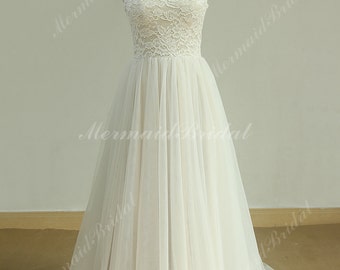 Flowy Aline Tulle Lace Beach Wedding dress, destination wedding dress with corset back and Nude Lining