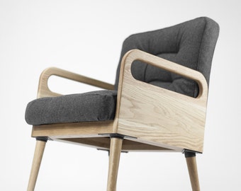 Mid Century Armchair in oak / walnut in solid wood board upholstered