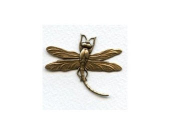 Vintage Dragonfly Pendant, Focal, Stamping, Component, Connector - Hand Stamped - Antique Brass - 50mm x 40mm - 01 Each