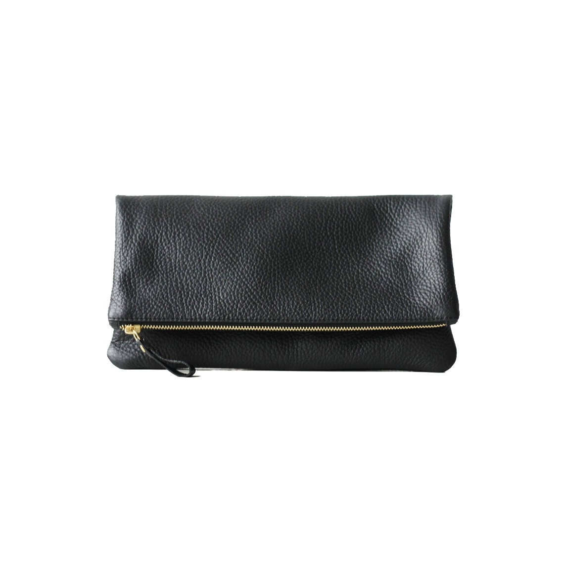 Black Leather Foldover Clutch with Linen Lining by MISHKAbags