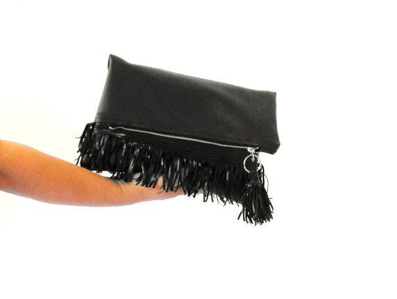 black fringe clutch bag