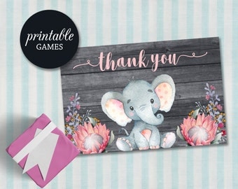 Elephant Thank You Card, Girl Baby Shower Thank you Card Printable, Pink Gray Floral Thank you Cards, Birthday Thank you Card Girl