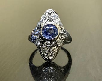 18K White Gold Art Deco Sapphire Diamond Engagement Ring - Blue Sapphire Diamond Wedding Ring - 18K Sapphire Ring - Art Deco Sapphire Ring